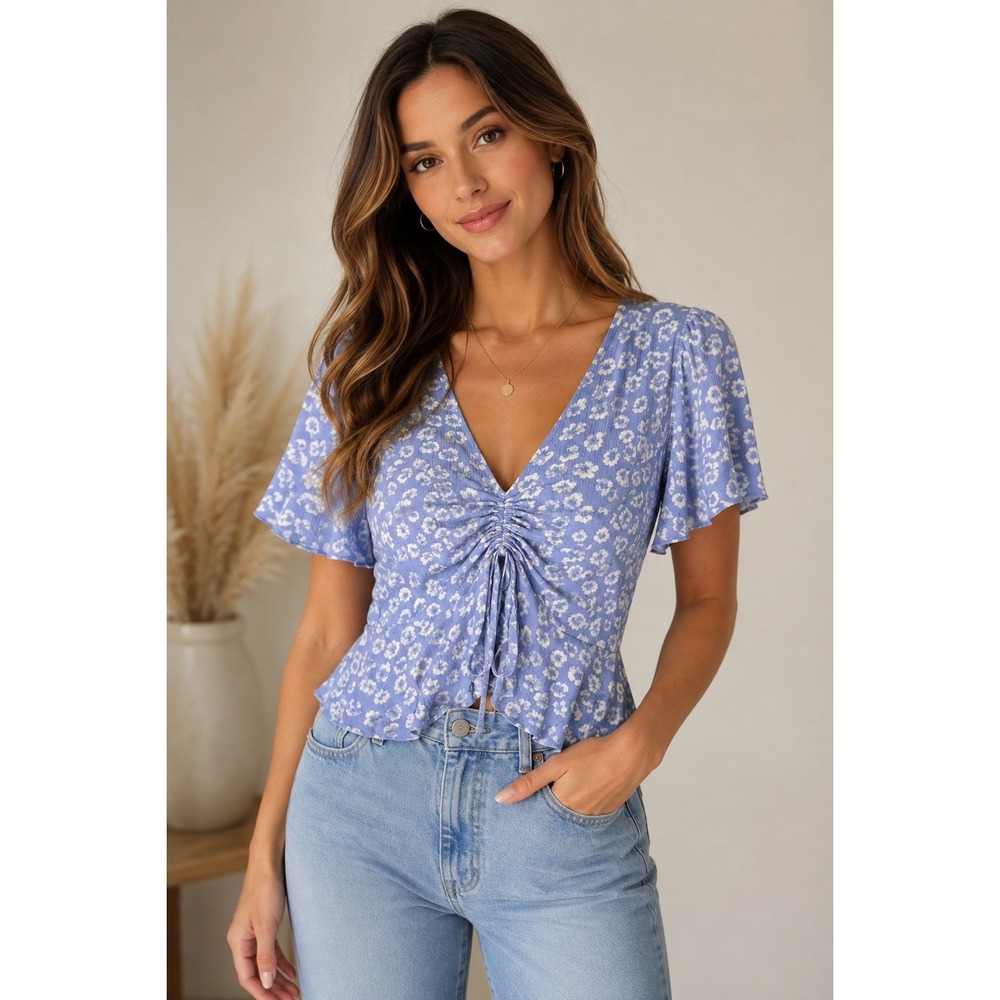 Hem & Thread Blouse Top L Blue Floral Ruched Drawstring Bust Flutter Sleeve Boho